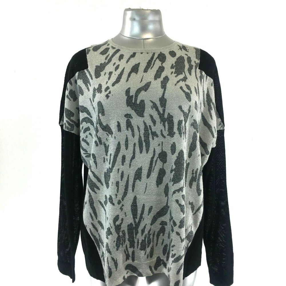 NEW Leopard Print Top Gray Black Silver Metallic GIANNI BINI Wool Bl Sweater Med